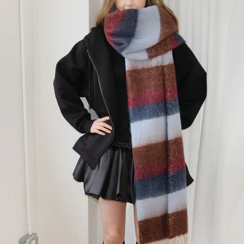 

Американский ретро-шарф с утолщенными полосками и цветовыми блоками, унисекс, длинный, теплый, широкий, для отдыха, зимний, шаль