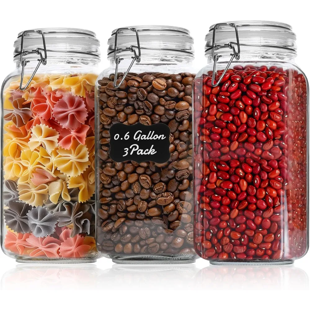 Three Pack 78oz Large Square Airtight Glass Jars for Bulk Food Storage Holds 4lb Sugar or 5lb Rice