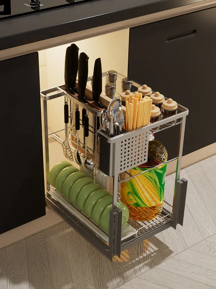 Cabinet seasoning basket seasoning rack kitchen cabinet 304 stainless steel drawer damping vertical blue