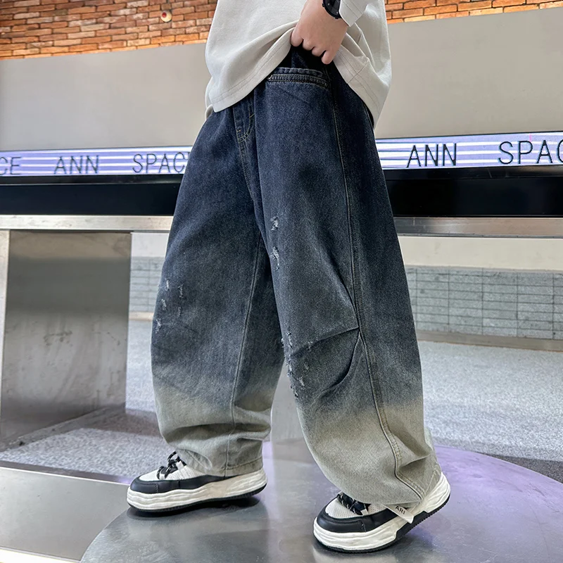 

New Kids Designer Gradient Color Baggy Jeans for Big Boys Fashion Street Style Blue Denim Pants Children Casual Wide Trousers