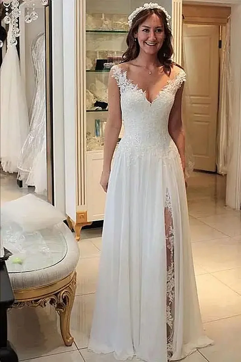 Illusion Side Slit Chiffon Wedding Dress Sleeveless V-Neck Long White Beach Bridal Gown With Lace Appliques Customized Vestido