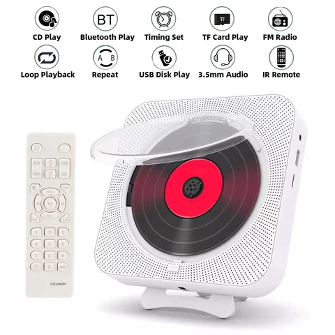 Leitor de cd portátil, alto-falante bluetooth, reprodutor de cd estéreo, tela led, montável na parede, cd, leitor de música com controle remoto ir, rádio fm