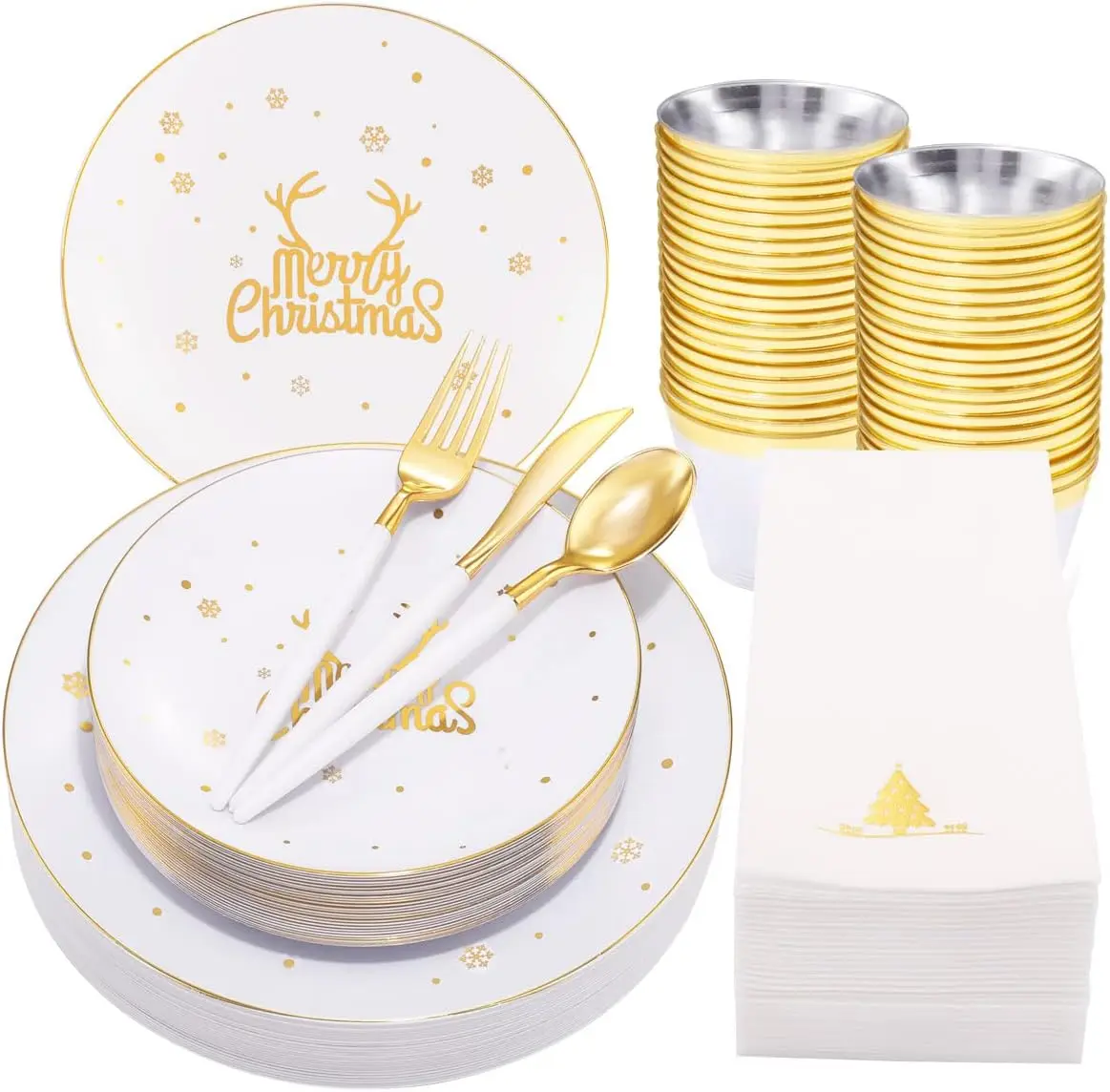

175PCS White Gold Christmas Disposable Plates Set with Silverware, Napkins for Holiday Party