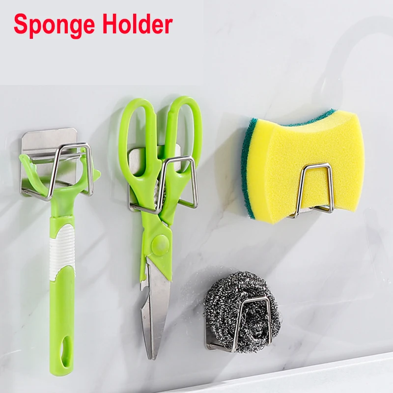 1Pcs Kitchen Organizer Sponge Holder Soap Drying Rack Self Adhesive Sink Drain Racks 304Stainless Steel Sink Wall Storage Hooks