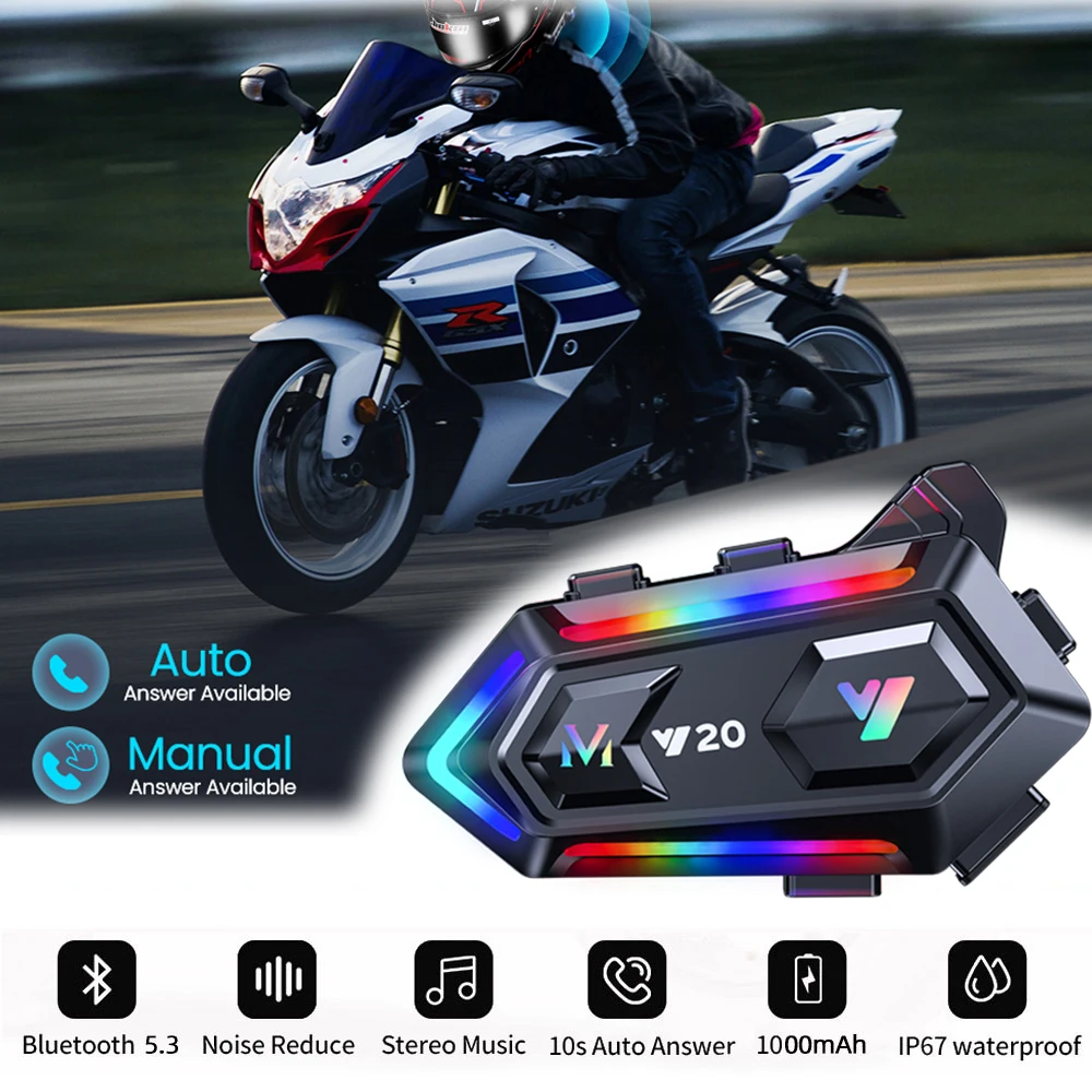 

Y20 Bluetooth Motorcycle Helmet Headset RGB Lighting HD Stereo Hands-free Noize Reduction Wireless Motorbike Headphone 1000mah