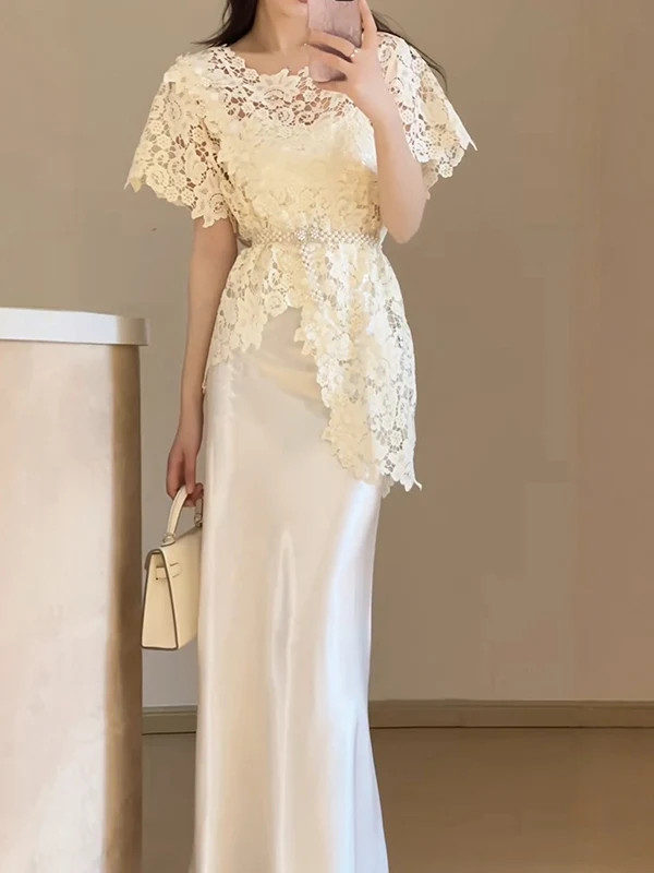 

Summer Lace High Waist Fish Tail Skirt And Short Sleeve Top Women's Fashion Set Casual Chic Outfit Two Piece Suit for Women