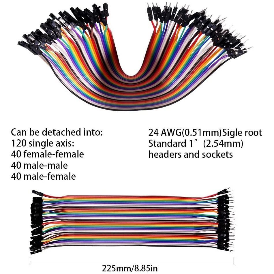 다색 듀폰 와이어 40 핀 수-암, 40 핀 수-수, 40 핀 암-암 브레드보드 점퍼 리본 케이블, 120 개