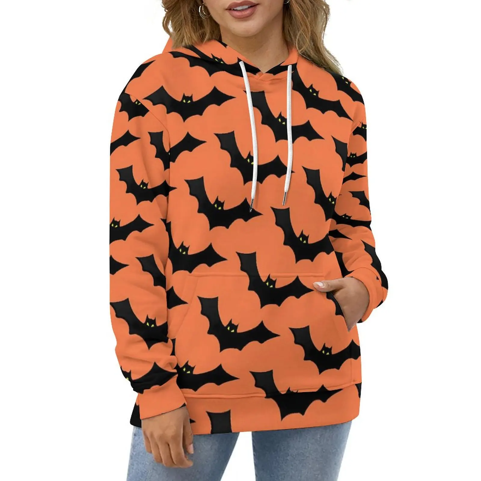 

Spooky Halloween Hoodies Long-Sleeve Black Orange Bat Cool Casual Hoodie Winter Street Style Oversize Loose Hooded Sweatshirts