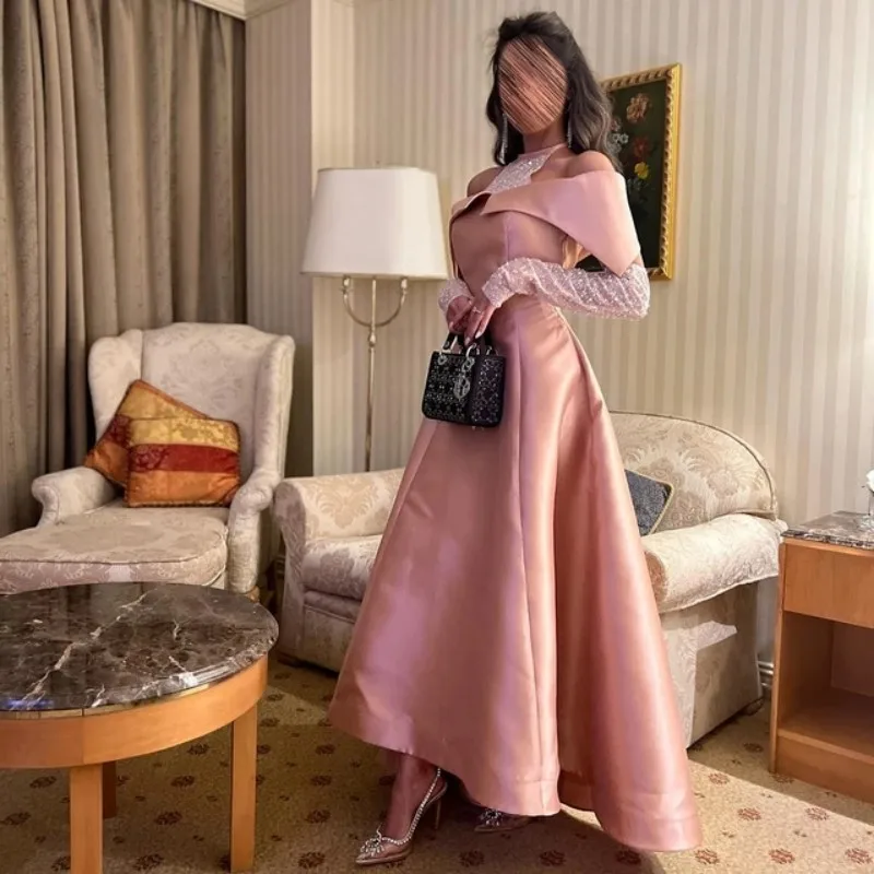 Flora Dress Elegant Pink Satin High Neck Dubai Long Sleeves Evening Dress for Wedding Party Halter Arabic Formal Guest Gowns