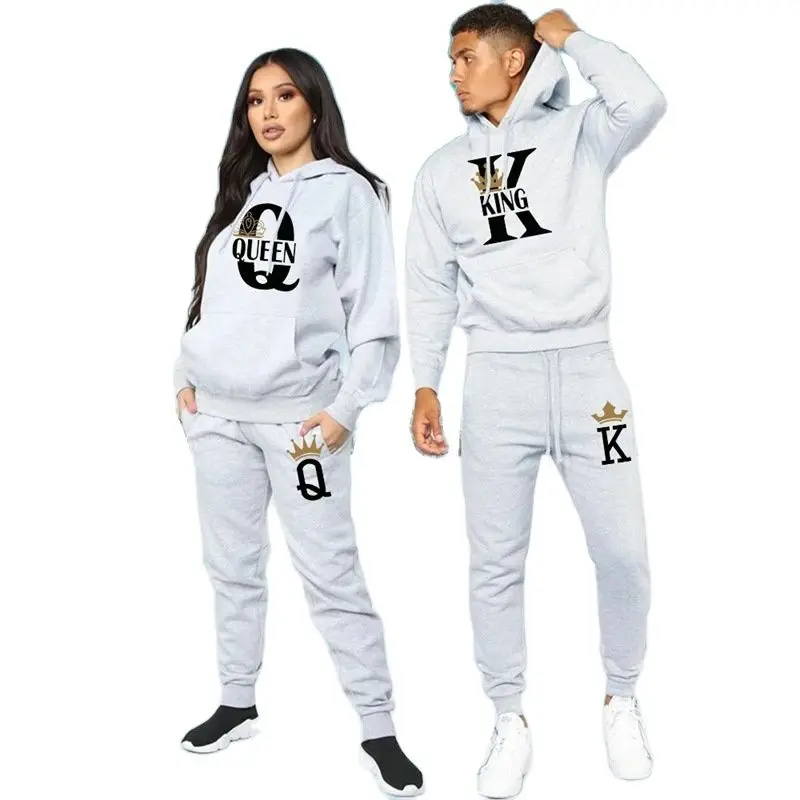 2024 New Autumn and Winter Men\'s and Women\'s Sweater Set KING QUEEN Loose Relaxed Hooded Print Couple Set