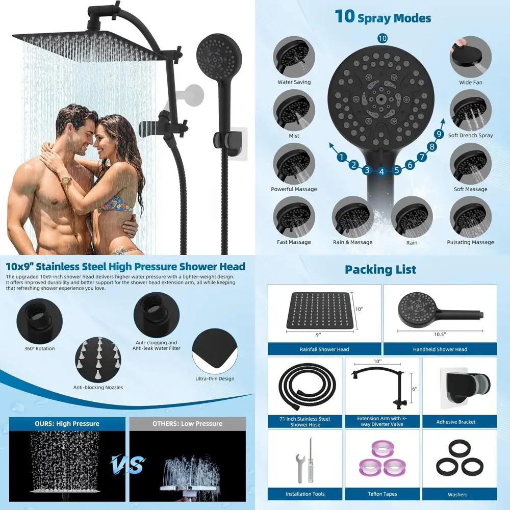 

10 Pure Rain Shower Combo with Handheld, 16 Extension Arm, 10 Sprays, 71 Hose, Matte Black