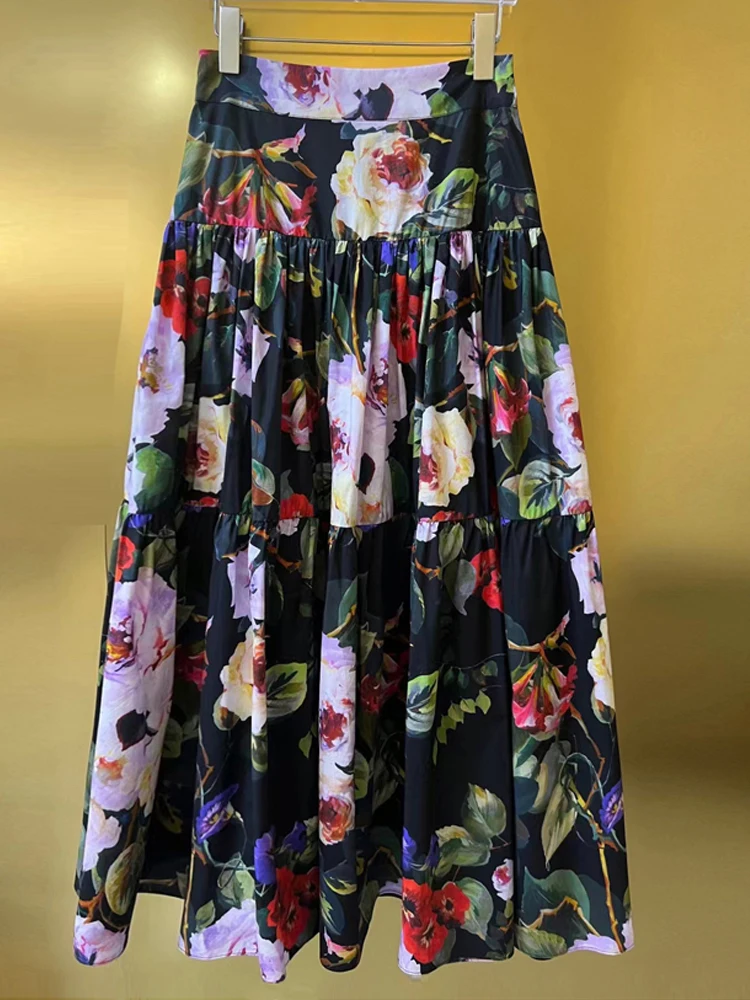 AELESEEN 100% Cotton Summer Skirt Women Sicilian High Quality Colorful Flower Print Elegant Long/Midi Poplin Party Holiday