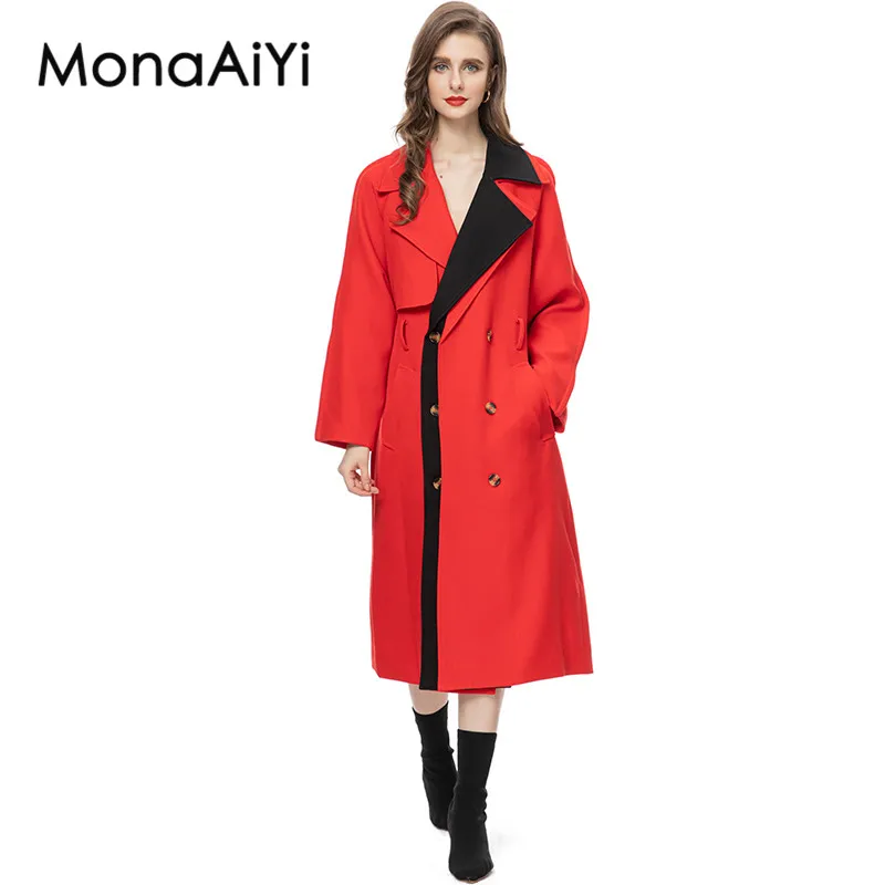 MonaAiYi New Fashion Office Lady Designer Autumn Outerwear Women's Lapel Double-Breasted Girdle High-Quality Red Trench Coat