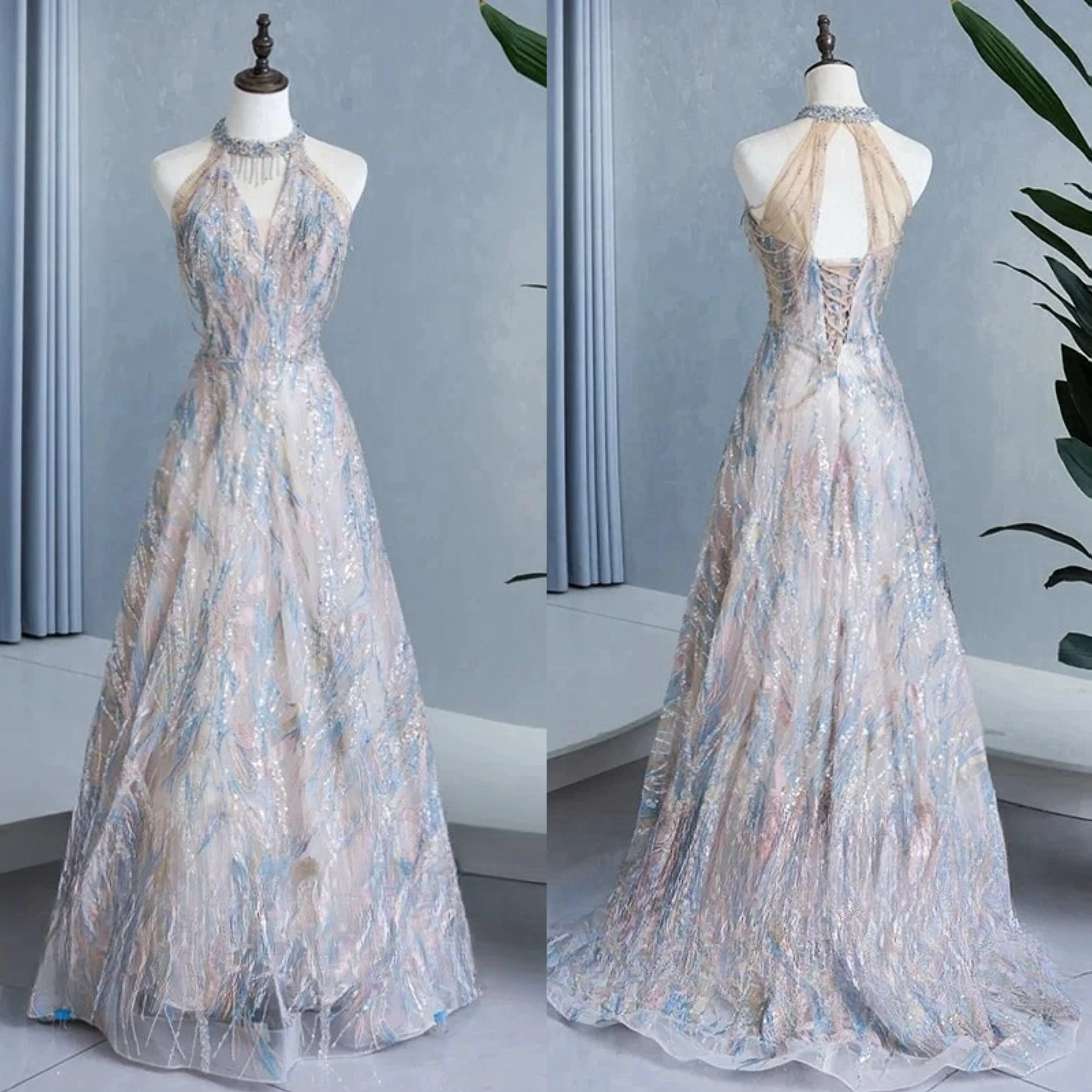 Tüll Glitter Abend Party Kleid Frauen Halter-Backless EINE Linie Bodenlangen Ärmellose Roben Elegante Frühling Prom Kleider Vestidos