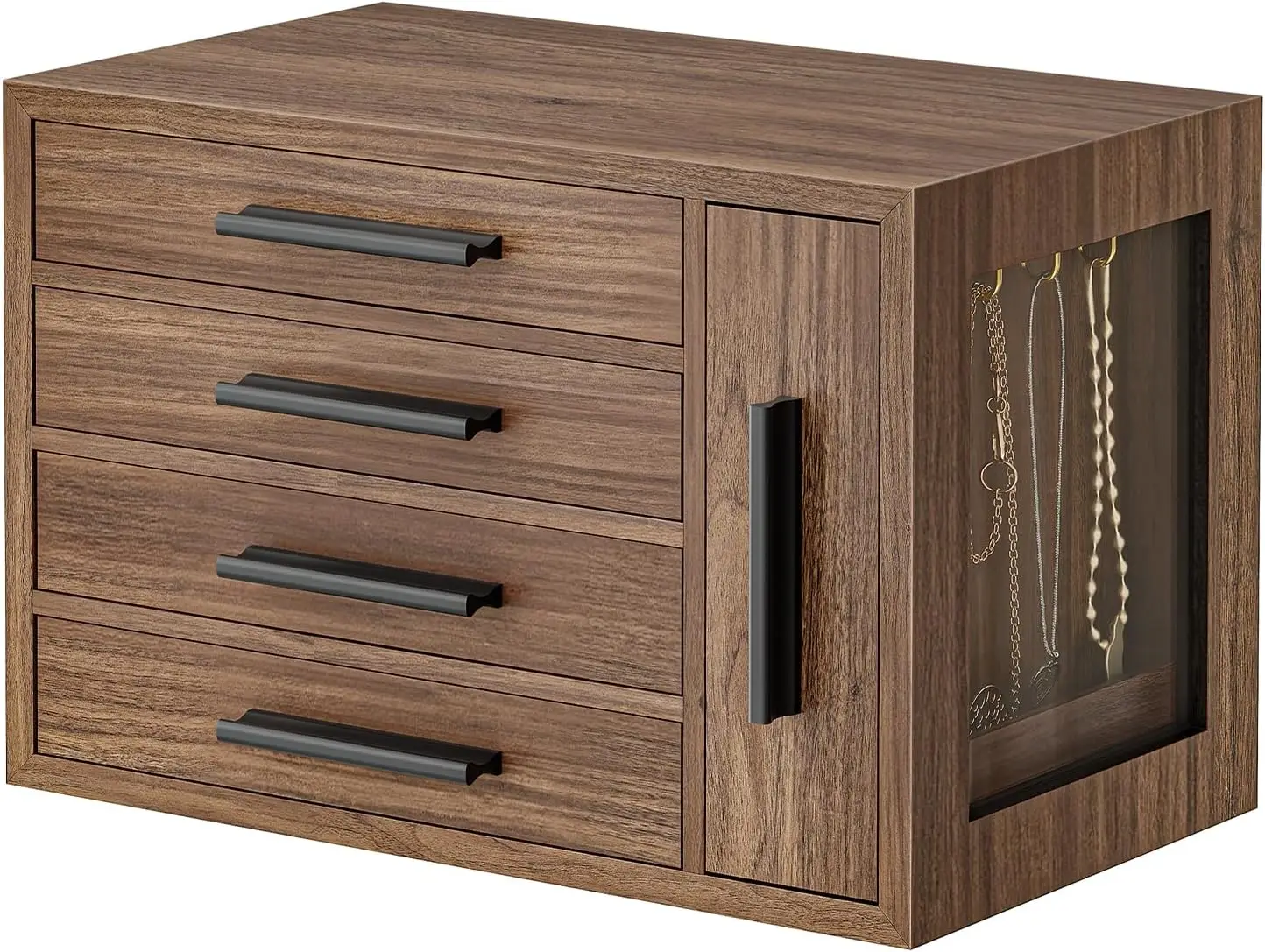 

Wooden Jewelry Organizer with Transparent Window, 4-Layer Storage Box for Earrings, Necklaces, Rings in Walnut and Black