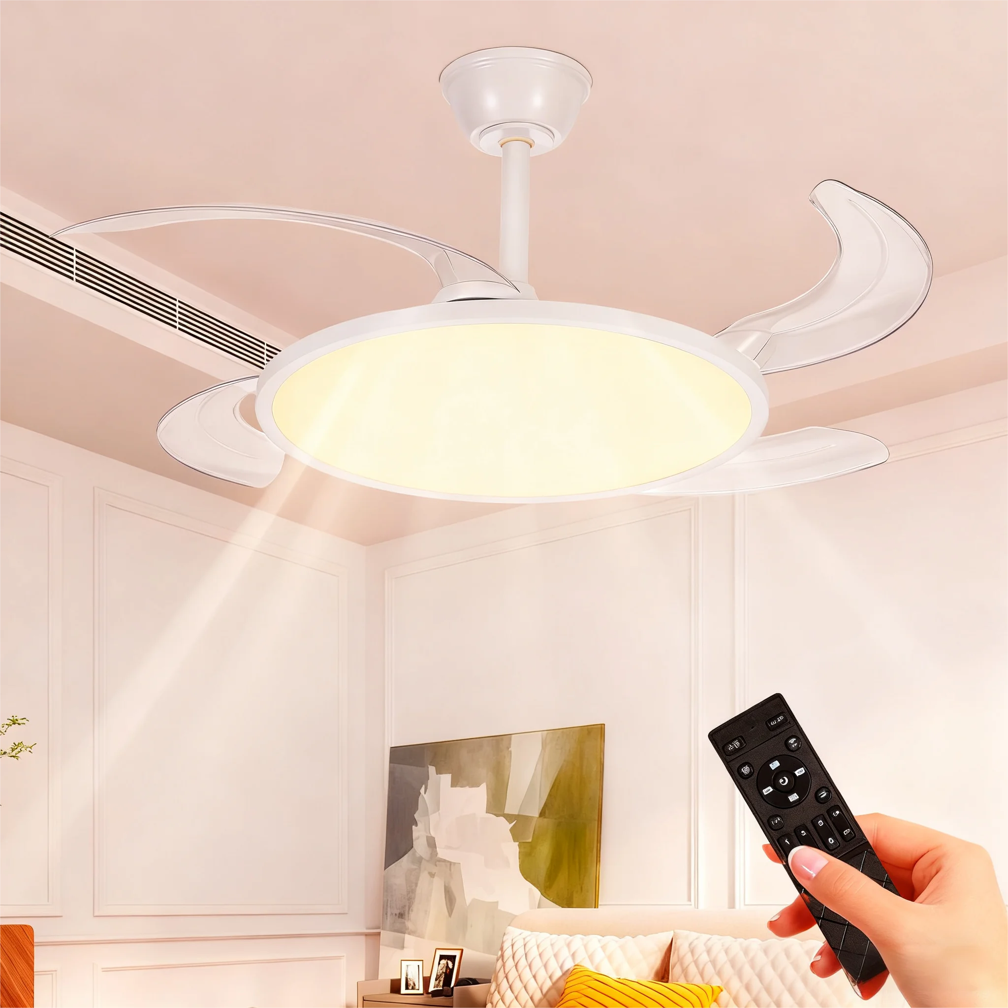 

Modern Invisible Ceiling Fan with LED Light DC motor Large Air Volume Remote Control for Bedroom Dining room（Four-blad）
