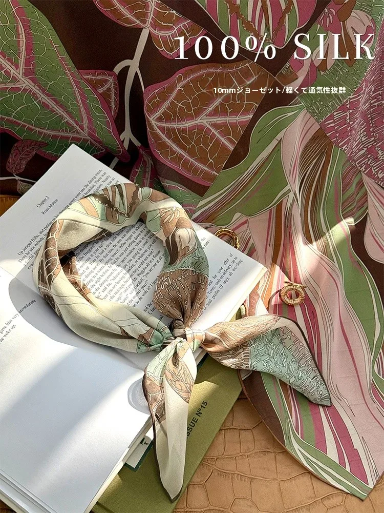 ミントチョコレート-65cm-ジオチー-0匁-通気性のある本物のシルクスカーフ-多機能-00-マルベリーシルク-小さな正方形スカーフ