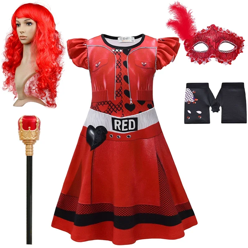 2024 Carnival Descendants 4 Queen of Hearts Princess Red Dress for Girls Children's Masquerade Party Halloween Cosplay Costume