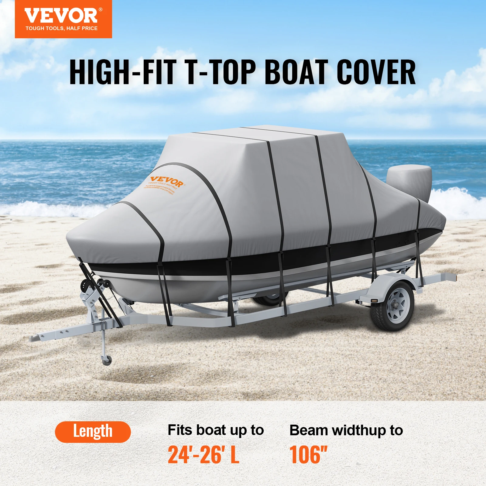 VEVOR 24'-26' Waterproof Trailerable T-Top Boat Cover 600D Marine Grade PU Oxford for Center Console Boat with T Top Roof