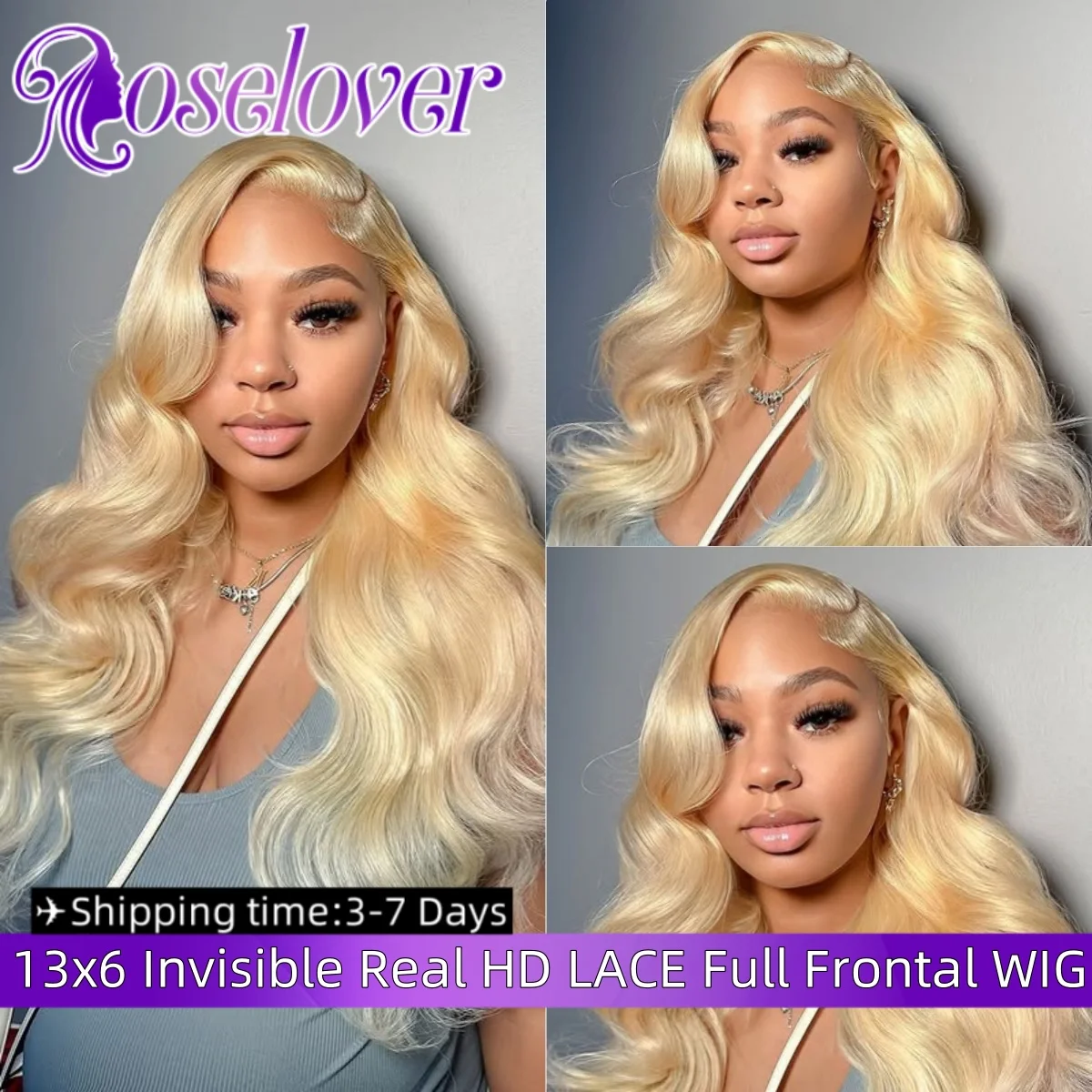 

ROSELOVER 34Inch 13x6 Invisible Real HD Lace Full Frontal Wig 250% Density 613 Blonde Body Wave 100% Human Hair for Woman