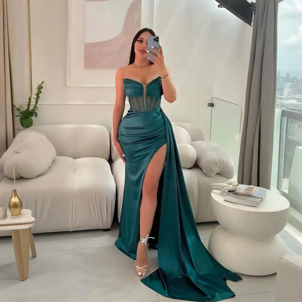 

Elegant Sweetheart Backless Mermaid Evening Dresses Satin Beaded Side Slit Prom Dresses Long formal Party gowns