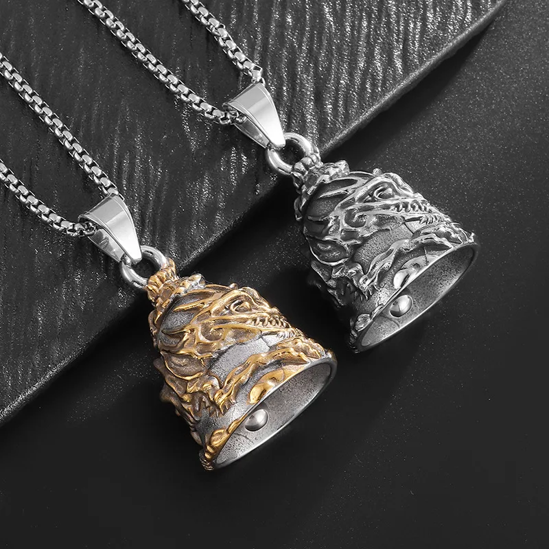 Stainless steel polished vintage Gold plated Dragon Skull motorcycle Ride Lucky Exorcist bell pendant