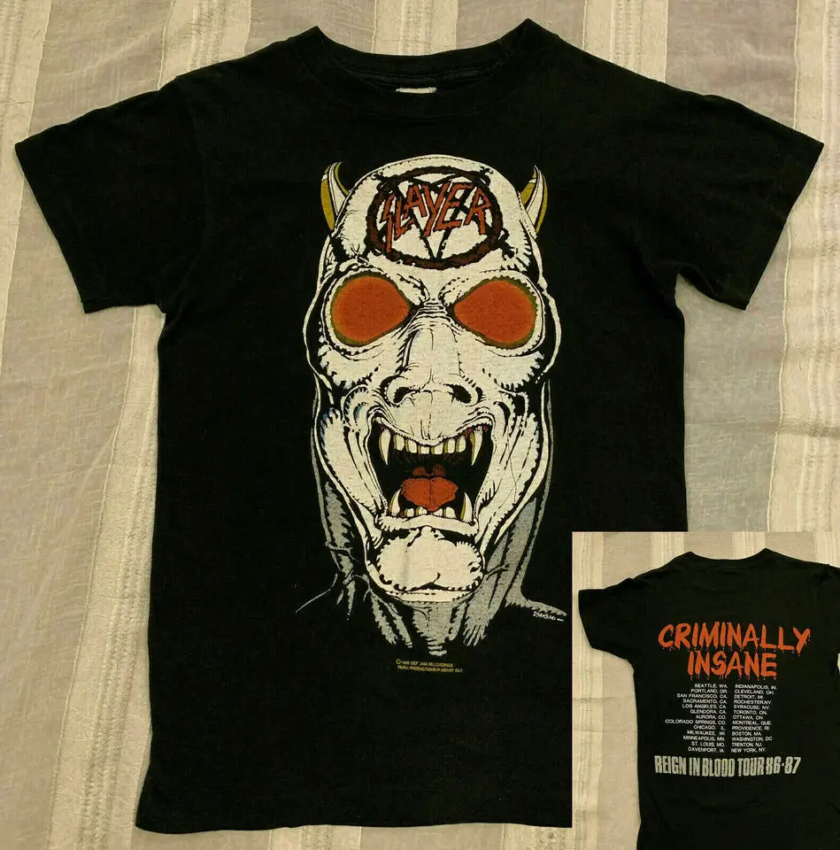 Хлопковая черная футболка с принтом «SLAYER» для концерта 80-х годов 1986-87