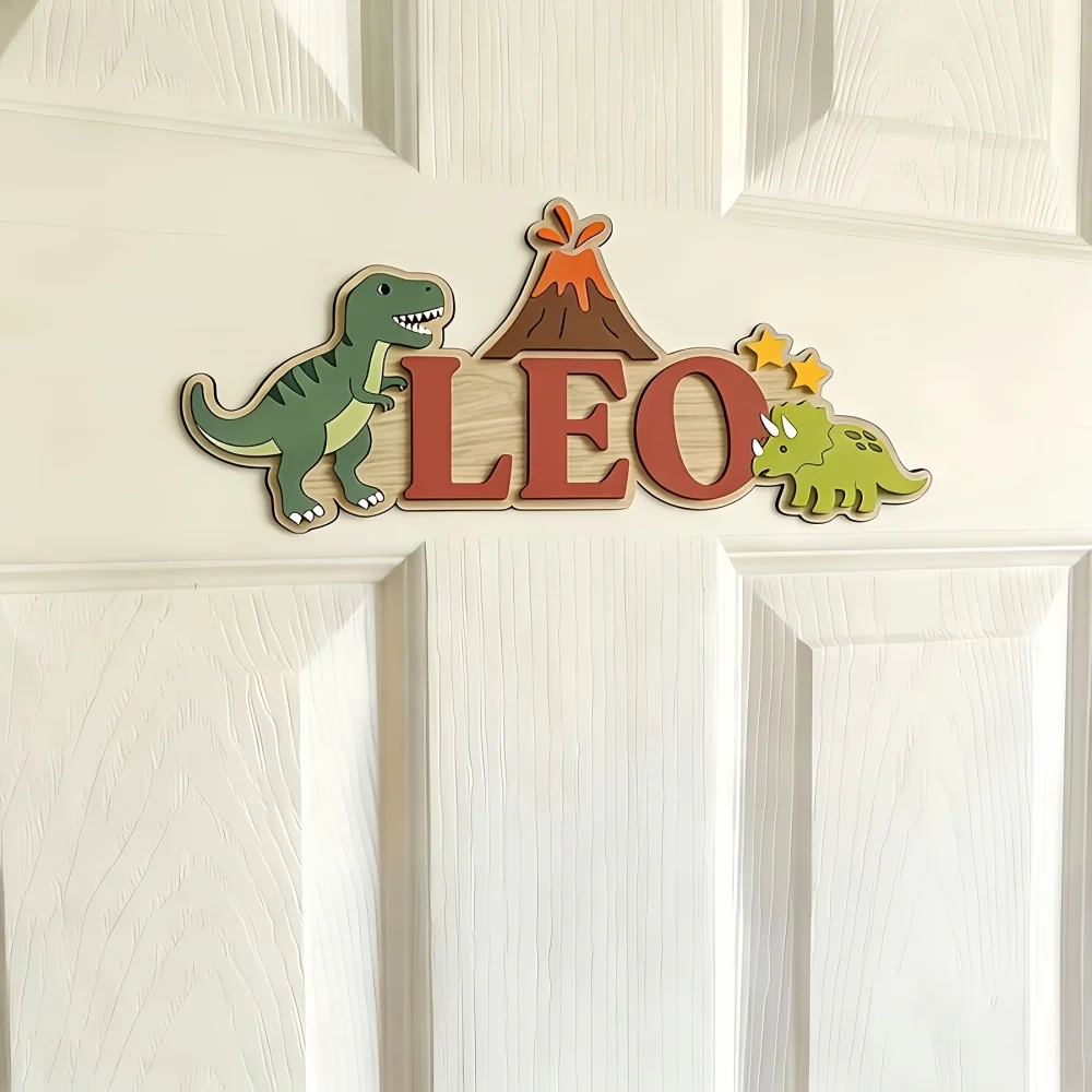 Wooden Double-Layer Custom Name Door Plaque, Dinosaur Volcano Cartoon Style, Room Bedroom Wall Hanging Decoration,Exclusive Gift image 4