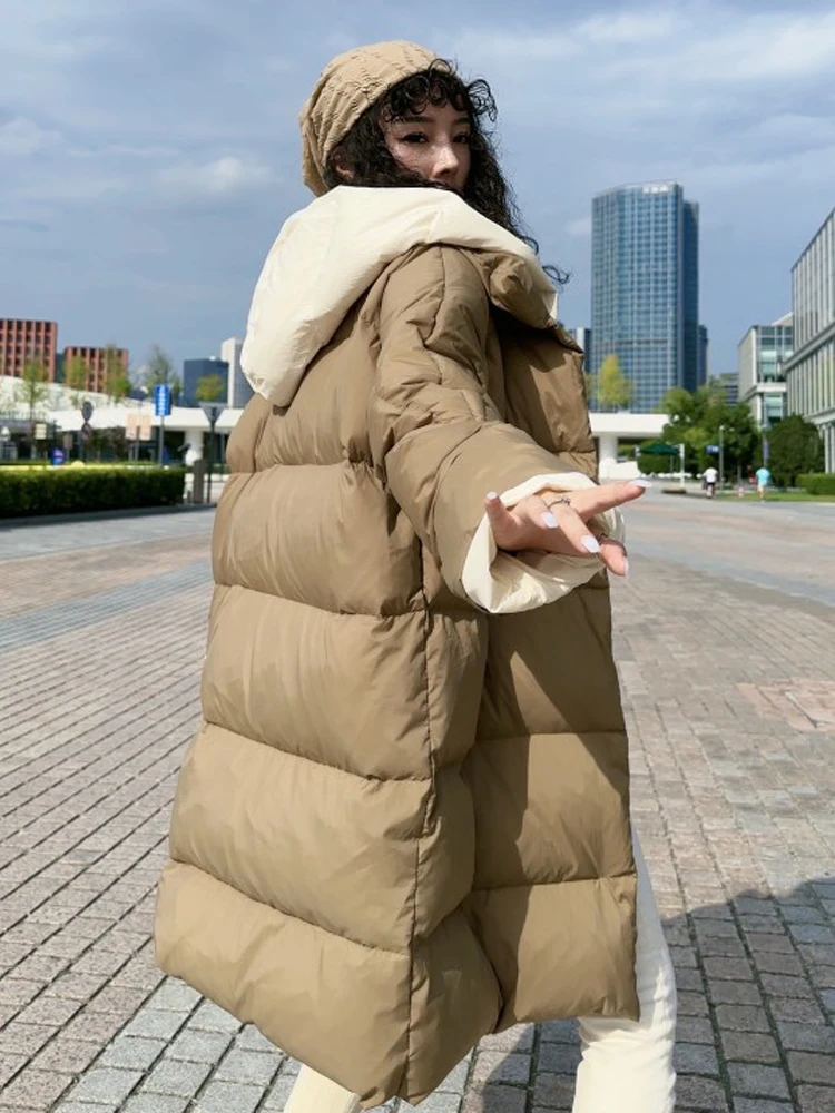 Koreaanse Stijl Contrast Kleur Lange Puffer Jas Voor Vrouwen Oversized 2023 Winter Pluizige Warme Capuchon Dons Jas Stijlvolle Inkeo 3o235