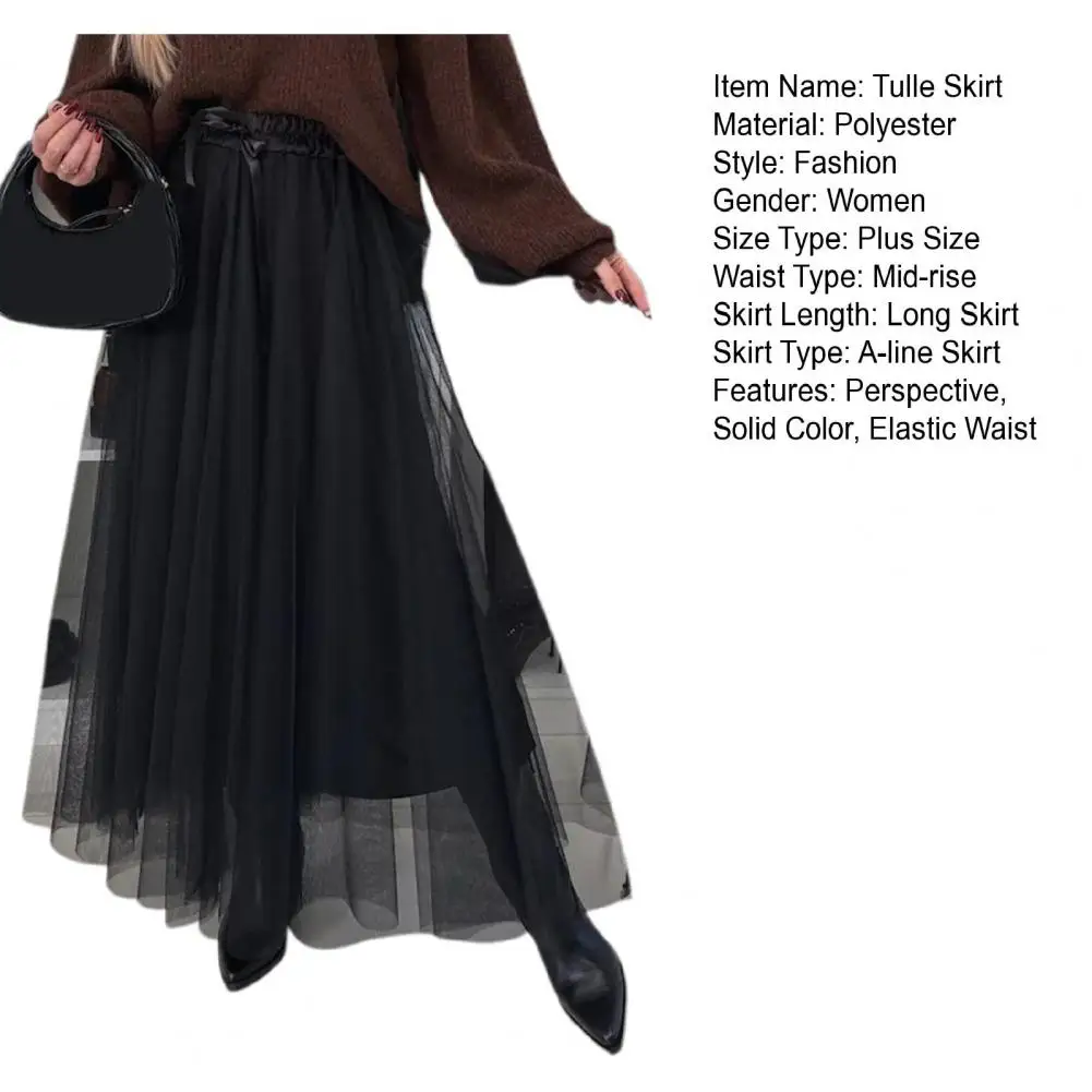 Long Skirt Mid-waist Tulle for Women A-line Mesh Hem Long Skirt Solid Color Wear for Daily Outfits