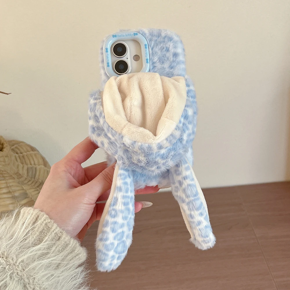 3D Hasen Softcase für iPhone 13 14 15 Plus 16 17 Pro Max Lustige Winter Warme Künstliche Leoparden-Mütze Kaninchenfell Stoßfeste Hülle – Detail 8