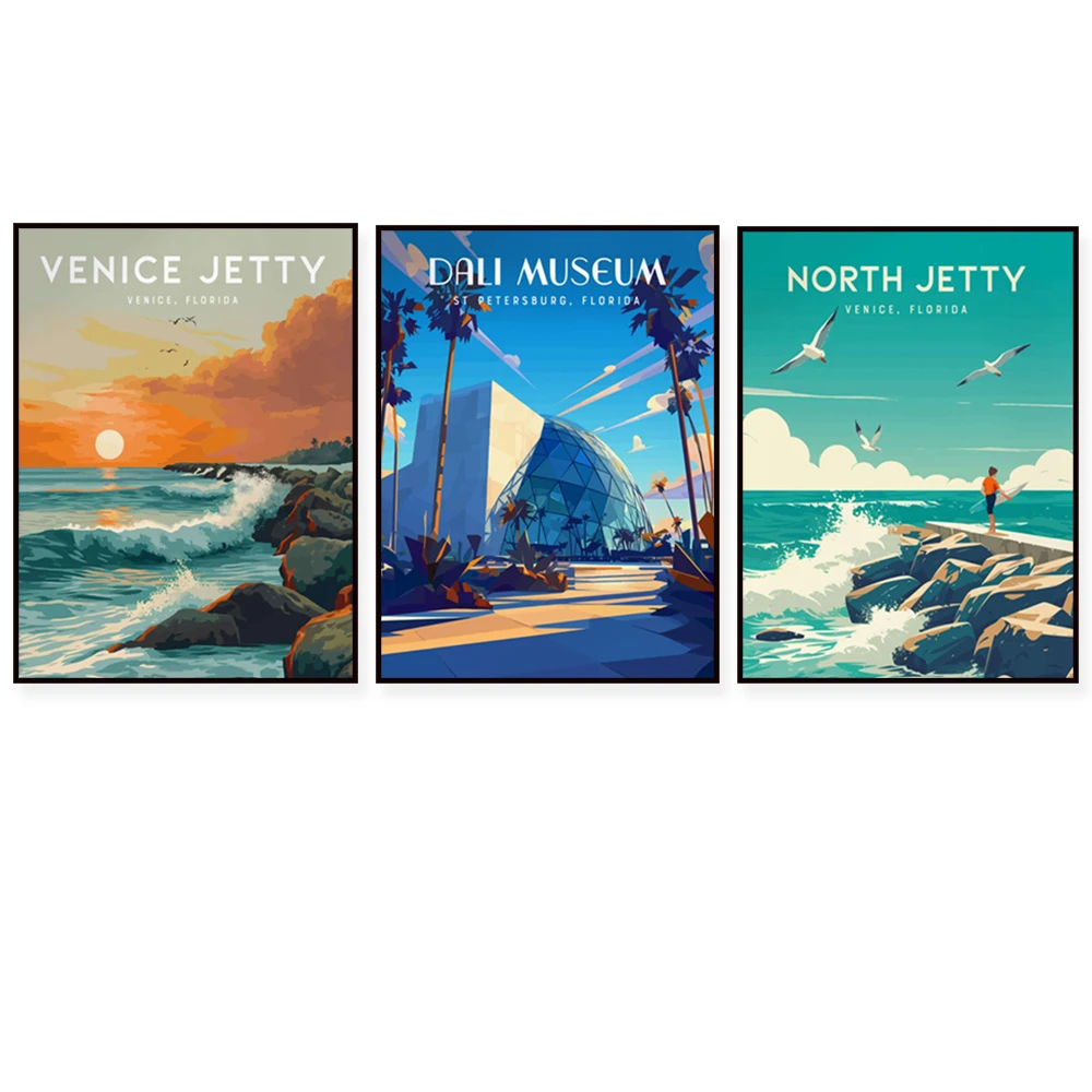 North Pier, Venecia, punto de surf de Florida, Cayo Costa State Park, Tampa, Sawgrasss Lake Park, High Springs, Florida, cartel de viaje