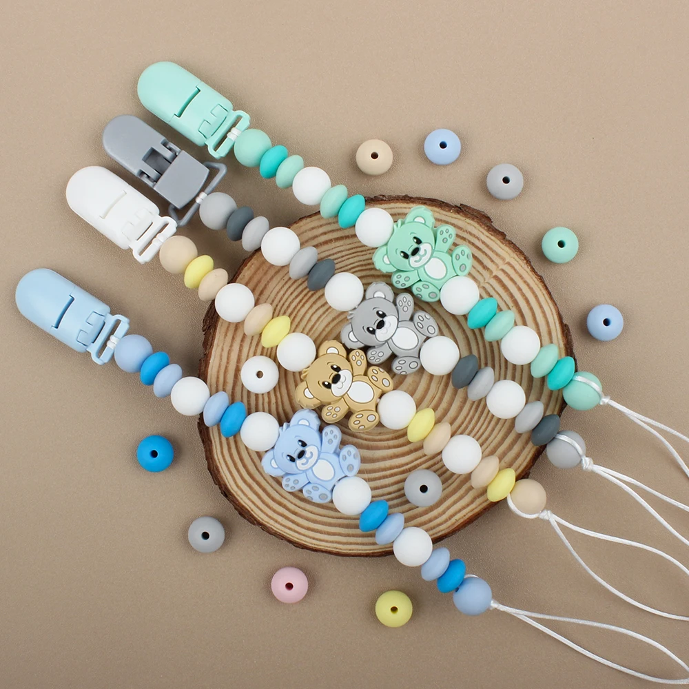 Baby Pacifier Clips Chian Anti-Lost Nipple Holder Bear Silicone Beads Baby Teething Dummy Holder Newborn Chew Gift Accessories