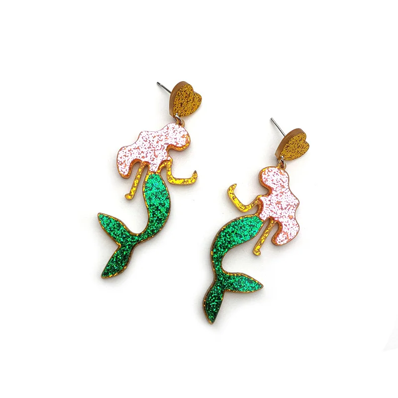 Mermaid Earrings For Women Glitter Acrylic Heart Green Long Fashion Trendy Night Club Jewelry