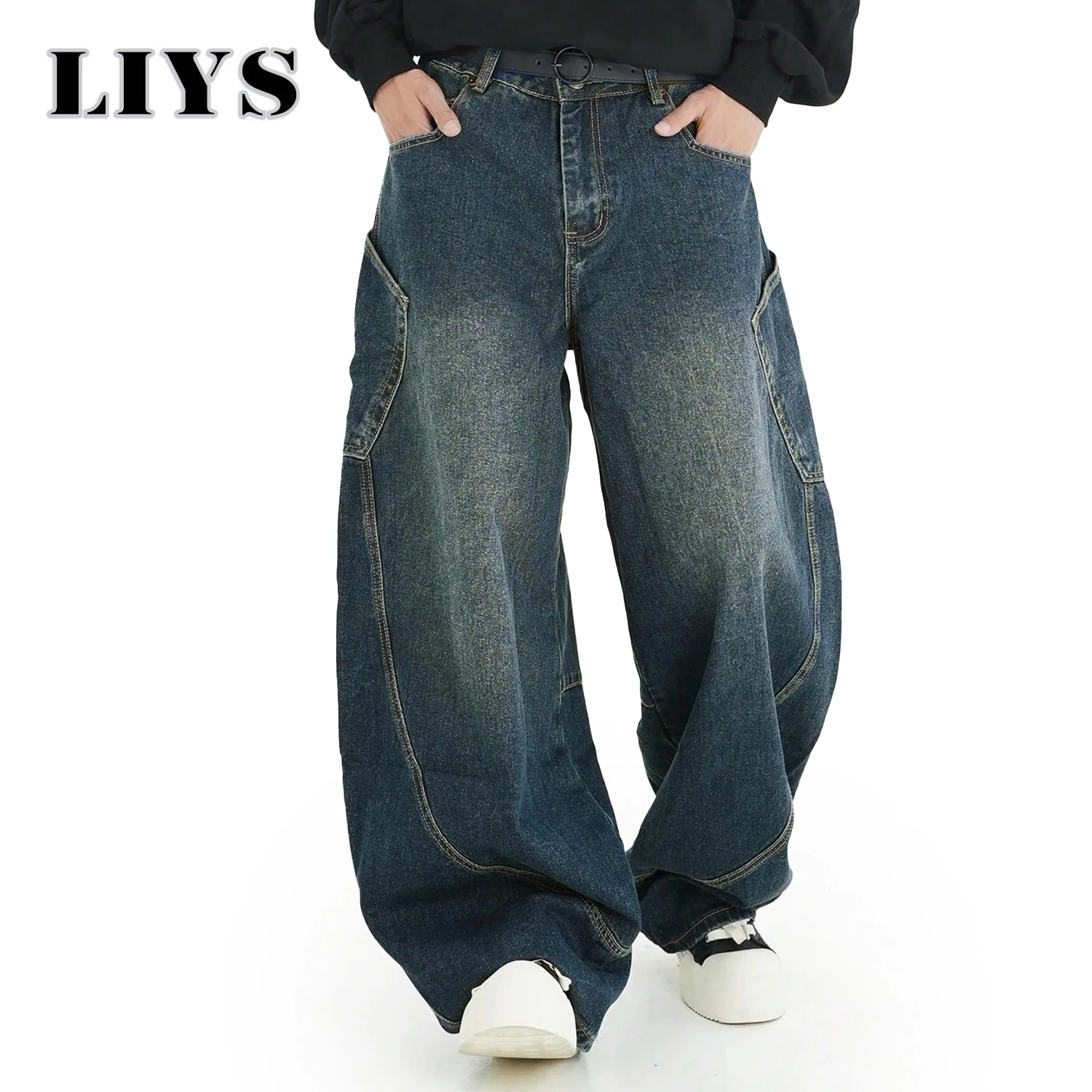 

Мужская одежда, американские потертые джинсовые брюки, винтажные трехмерные джинсы с большими карманами и изогнутыми ножками, свободный крой, летняя новая тенденция