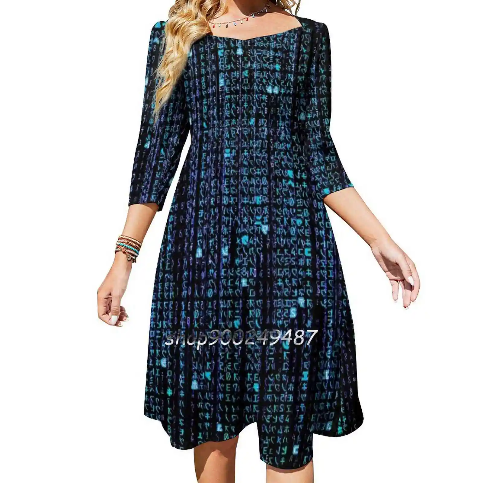 Blue Hd Matrix Digital Rain Sweet Elegant Dress Women Korean Kawaii Square Collar Dress Matrix The Matrix Revolutions Reloaded