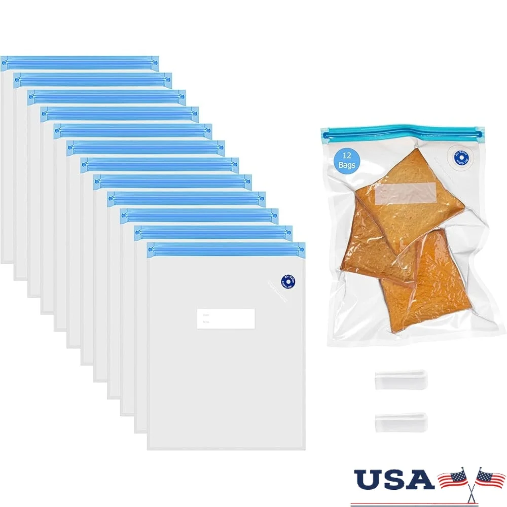 

Set of 12 Reusable Airtight Food Storage Bags Vacuum Sealer Compatible Durable Solution Fresh Fruits Vegetables Long Term