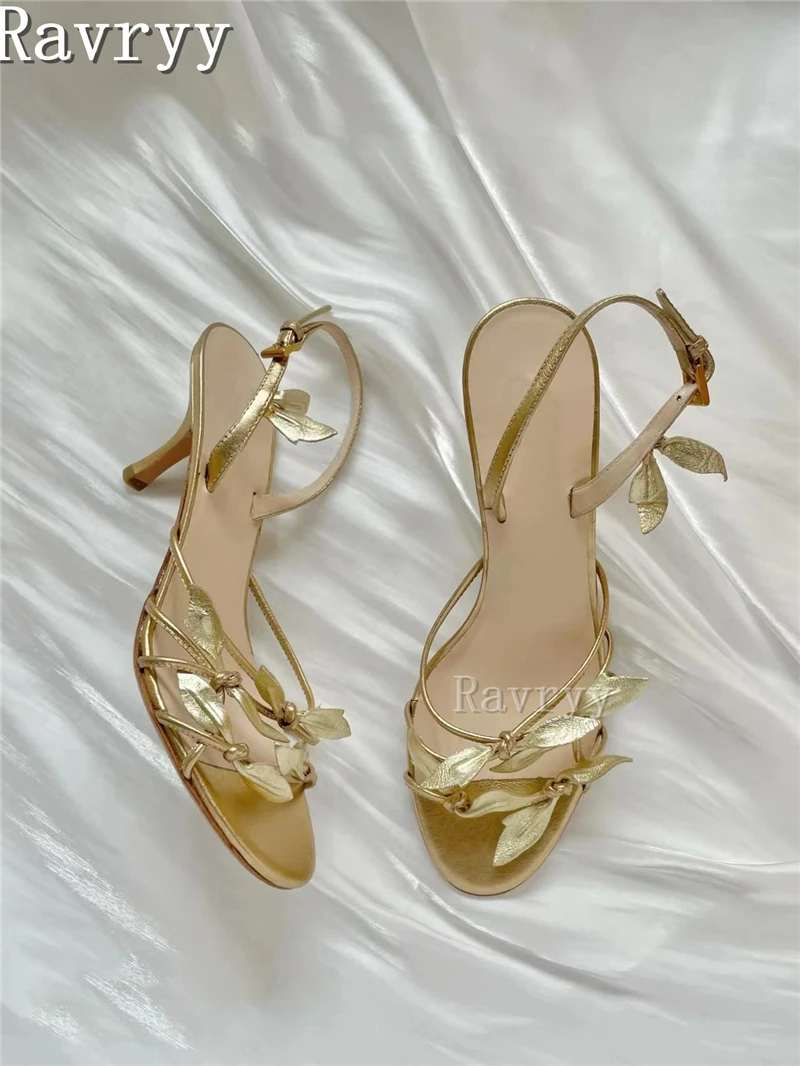 Gold Petal Leaf Genuine Leather Sandals Open Toe High Heel Back Strap Women Shoes Luxury Party Stiletto Sandal