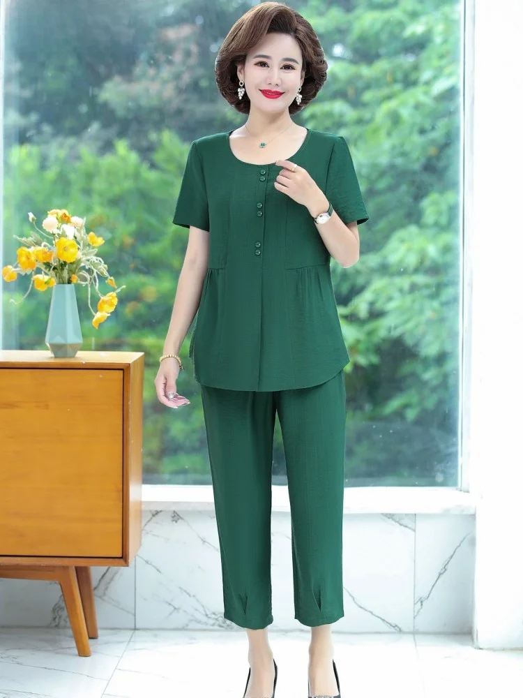 

Elegant Cotton Linen Two-Piece Set Short Sleeve Thin Style for Middle-Aged Women Fashionable Age-Defying Summer Outfit
