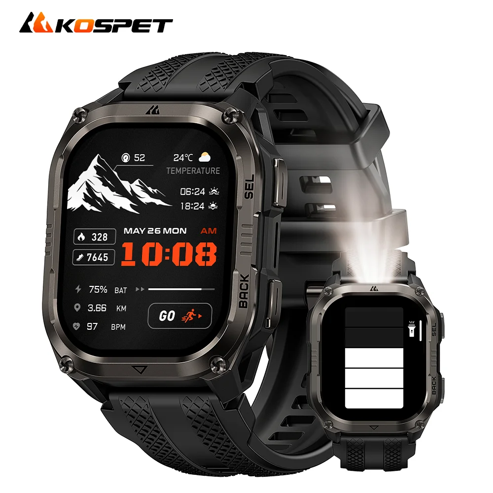 KOSPET PULSE 2 Smartwatch für Herren mit GPS Dual-Band AMOLED 1,96" Militäruhr 5ATM IP69 LED-Taschenlampe 170+ Sportarten Herzfrequenzmessung