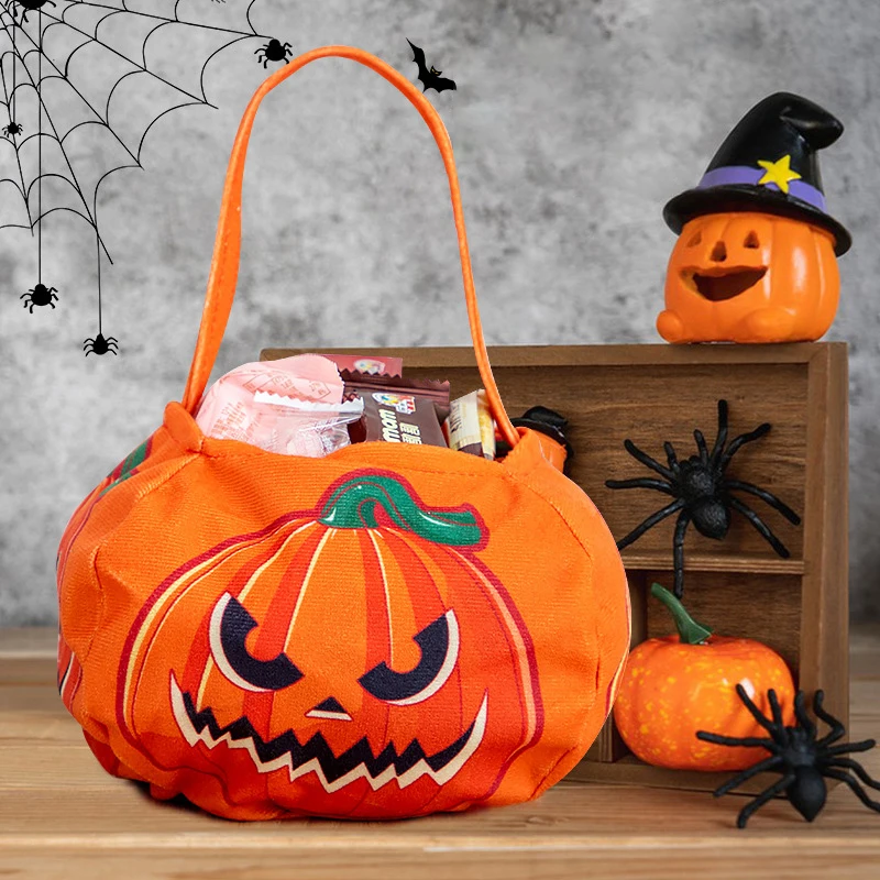 Tas kain permen Halloween tas hadiah anak-anak labu oranye tas Tote kain tebal tas tangan tas hadiah trik Halloween atau suguhan