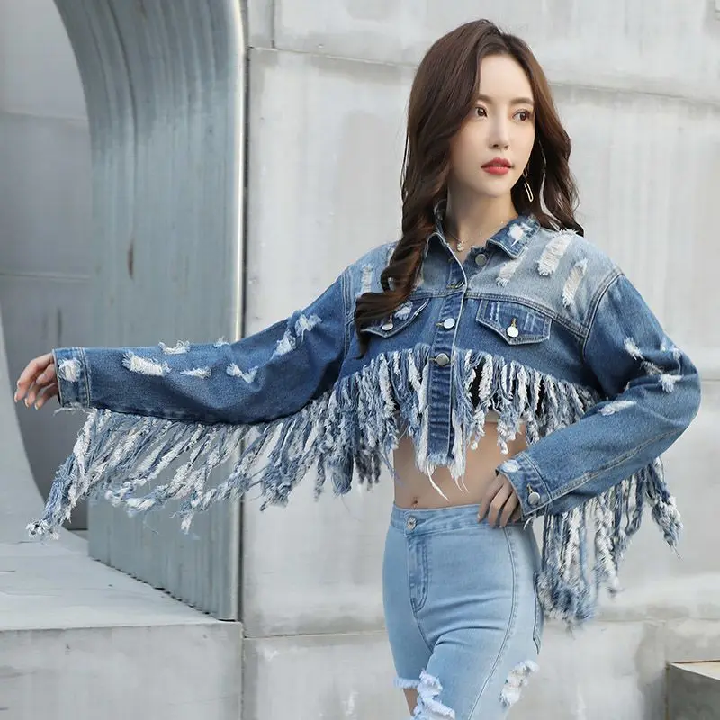 Denim Jacket Women's Spring and Autumn Short Versatile Loose Korean Version Tassel Personality Hole Beard Edge Denim Clothing