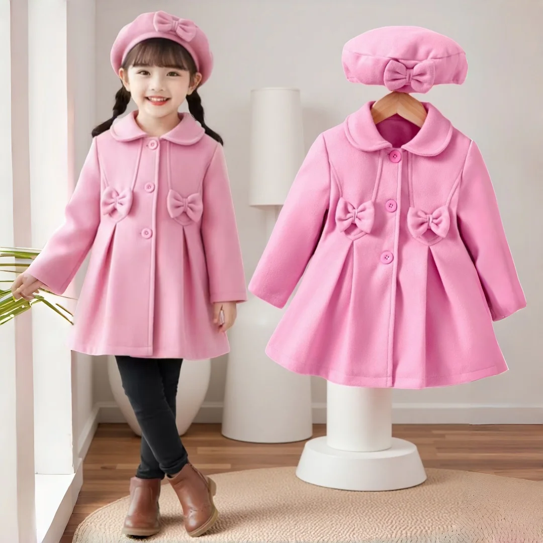 

Girls' Pink Winter Warm Coat & Beret Set A-Line Jacket Kid Girl's Outerwear Korean Style Windproof Overcoat Children Clothing