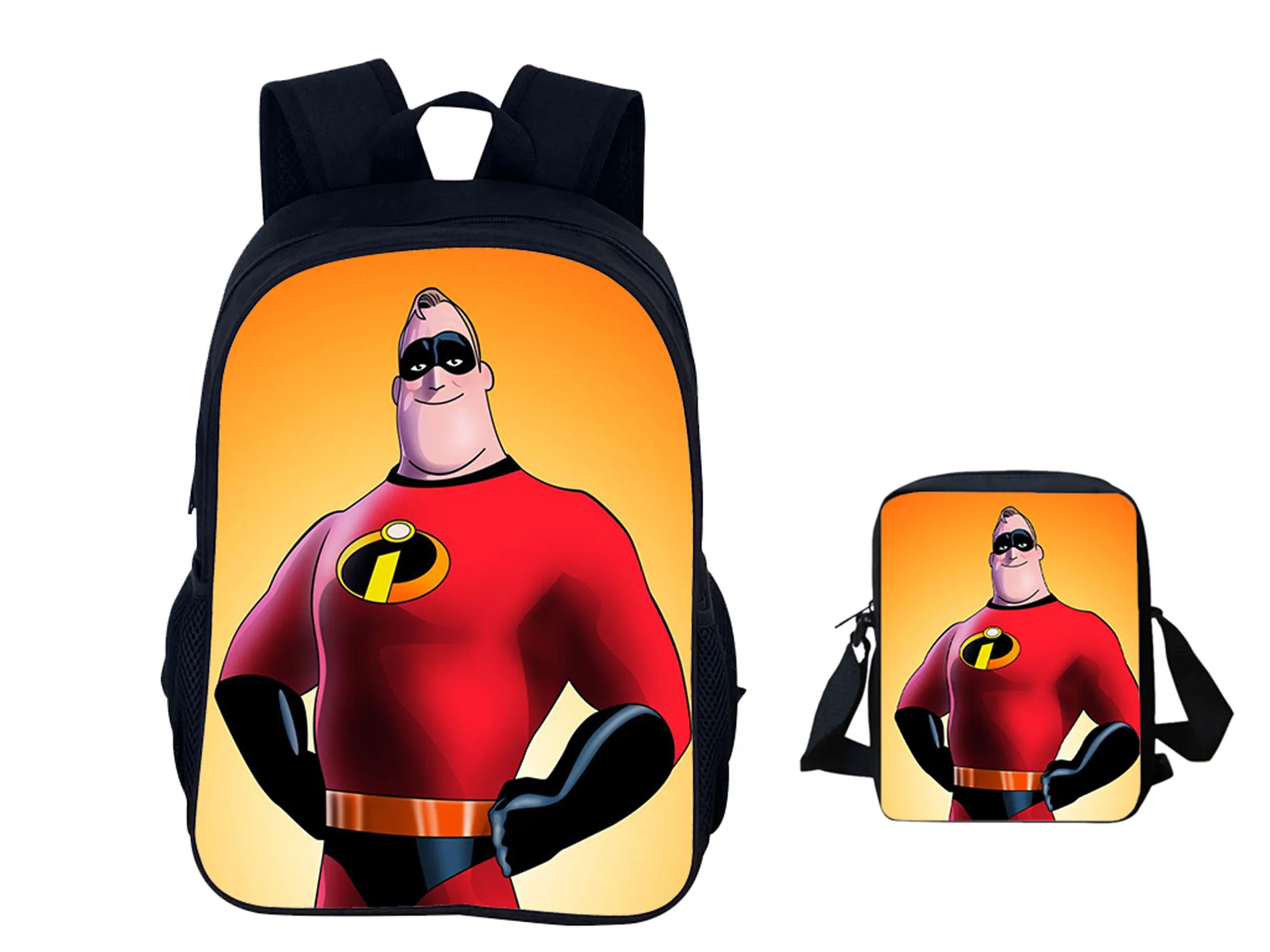 Unisex Kids 2Pcs Canvas Backpack and Side Bag Set,The Incredibles Cartoon Rucksack Durable Schoolbag for Student