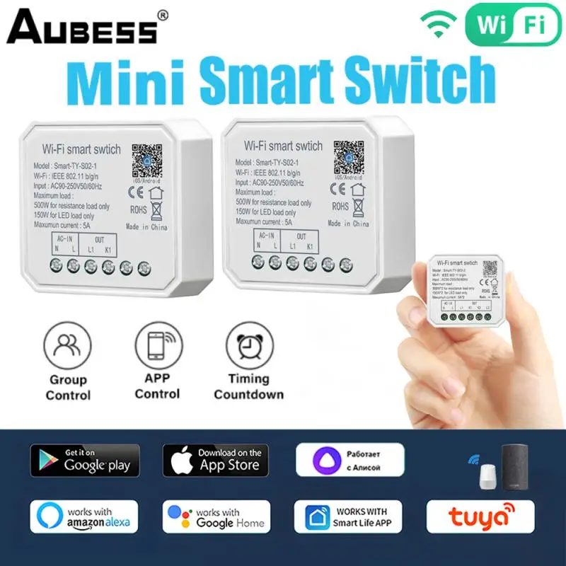 Tuya WiFi Mini Smart Light Switch Module 1/2 Gang Wireless 2 Way Module Smart Life Remote Control Breaker Via Google Home Alexa