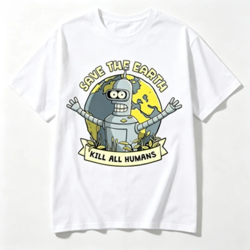 Unisex Retro Robot Save The Planet Graphic T‑Shirt Short Sleeve Crew Neck Loose Sci‑Fi Cartoon Casual Tops for Men Women