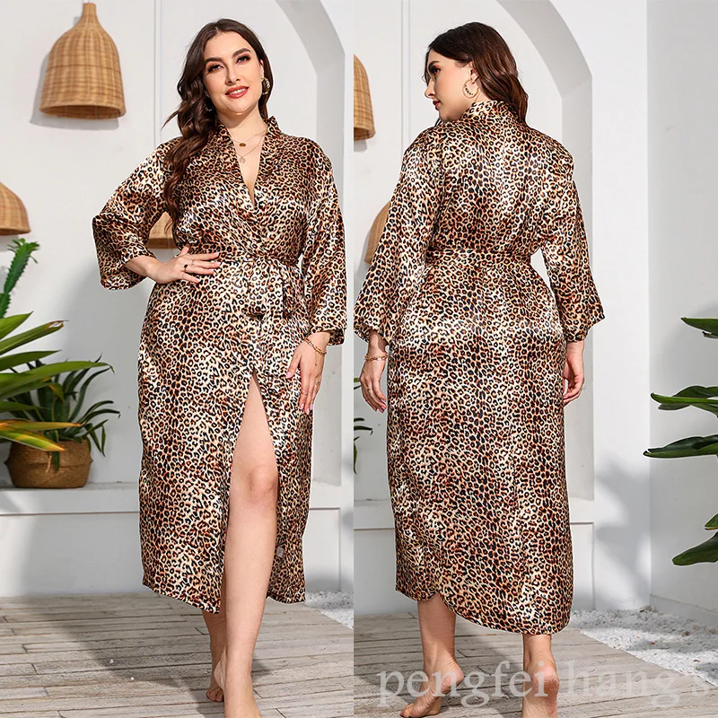 Summer New Kimono Bathrobe Gown Sexy Leopard Nightgown Loose Home Dressing Women\'s Sleepwear Long Sleeve Robe Big Size 4Xl 5Xl