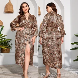 Summer New Kimono Bathrobe Gown Sexy Leopard Nightgown Loose Home Dressing Women's Sleepwear Long Sleeve Robe Big Size 4Xl 5Xl