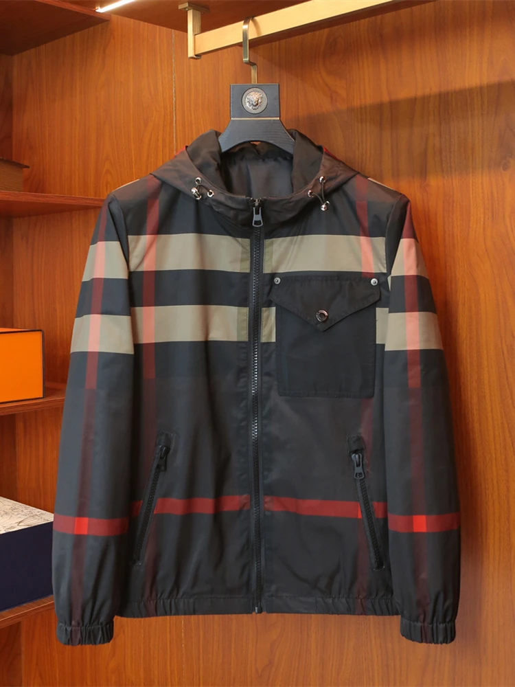 

Весенняя тонкая клетчатая куртка с капюшоном для мужчин: роскошная повседневная рабочая одежда с множеством карманов, легкая, модная, дышащая, из полиэстера