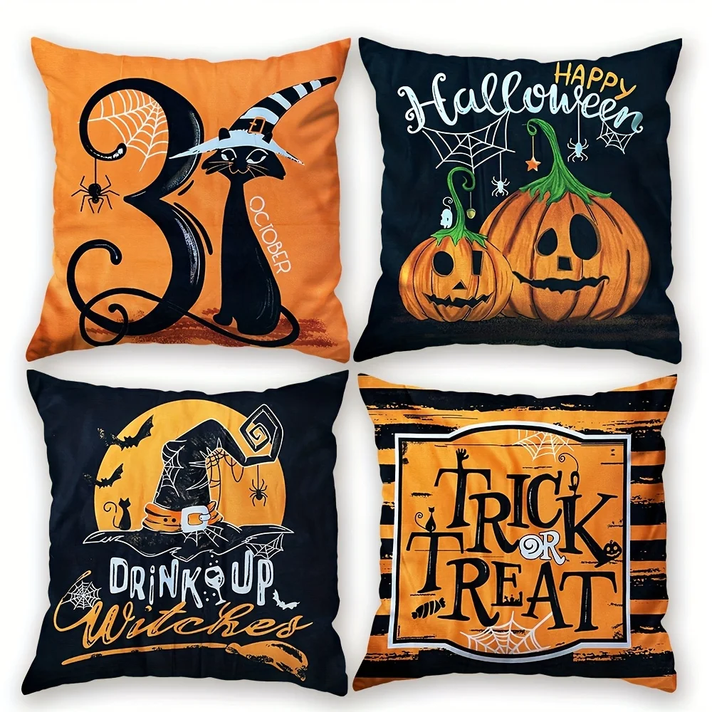 

Halloween Decorative Pillowcase, Classic Witch Hat, Black Cat, Pumpkin, "trick or Treat" Halloween Atmosphere Decoration